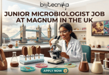 High-Paying Junior Microbiologist Job at Magnum in the UK | Get Paid Upto £43,000! Junior Microbiologist Job at Magnum in the UK. An image promotional banner for a "Junior Microbiologist Job at Magnum in the UK". The banner features a smiling woman in a lab coat looking into a microscope. The setting is a detailed laboratory with various scientific tools, flasks, and petri dishes containing chocolate-related samples and miniature ice cream bars. A screen in the background displays micrographs labeled "Cocoa fat crystals" and "Lactobacillus culture." The window view behind her shows iconic London landmarks like Tower Bridge and the Houses of Parliament. At the top, a logo for "biotecnika Global" is present, and at the bottom, an "APPLY NOW" button.