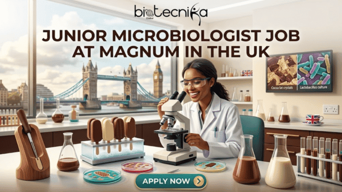 Junior Microbiologist Job at Magnum in the UK Junior Microbiologist Job at Magnum in the UK. An image promotional banner for a "Junior Microbiologist Job at Magnum in the UK". The banner features a smiling woman in a lab coat looking into a microscope. The setting is a detailed laboratory with various scientific tools, flasks, and petri dishes containing chocolate-related samples and miniature ice cream bars. A screen in the background displays micrographs labeled "Cocoa fat crystals" and "Lactobacillus culture." The window view behind her shows iconic London landmarks like Tower Bridge and the Houses of Parliament. At the top, a logo for "biotecnika Global" is present, and at the bottom, an "APPLY NOW" button.