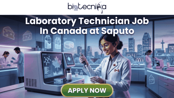Laboratory Technician Job in Canada 🇨🇦 Saputo Hiring Students at $29+hr – Don’t Miss This Life Science Opportunity! A featured image from biotecnika Global promoting a job opportunity. A smiling female laboratory technician of South Asian descent, wearing a lab coat with Canadian flag pins, holds a pipette and a test tube of milk in a modern lab. She works with advanced, clean-lined equipment displaying data, including graphics of milk cartons and a large cheese wheel, and a maple leaf-shaped data chart. Through large windows, a snow-dusted Canadian city skyline is visible at twilight. In the background, other technicians are working. Large, bold white text across the image reads,