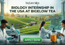 Land Your Dream Biology Internship in USA – Join Bigelow Tea’s R&D Tea Division Today! Land Your Dream Biology Internship in USA – Join Bigelow Tea’s R&D Tea Division Today! A featured image for a job page titled "BIOLOGY INTERNSHIP IN THE USA AT BIGELOW TEA" below the biotecnika Global logo. The image shows three young interns in lab coats working in a modern laboratory overlooking expansive, rolling green tea fields, with a charming colonial-style house and covered bridge in the background. One intern looks into a microscope, another uses a holographic display for antioxidant and polyphenol analysis, and a third works with a tablet and glass bioreactor. Icons for "GENOMICS," "ANTIOXIDANTS," "SUSTAINABILITY," and "USA INTERNSHIP" float around. Detailed labels identify leaf structures and synthesis points. A prominent green "APPLY NOW" button is at the bottom center, with text indicating an application deadline and inviting viewers to start their career journey.