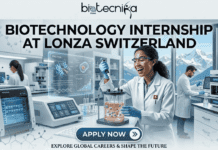 Latest Biotechnology Internship in Switzerland | Lonza Hiring Now Latest Biotechnology Internship in Switzerland Lonza Hiring Now. A promotional banner with the main text: 'BIOTECHNOLOGY INTERNSHIP AT LONZA SWITZERLAND'. The image shows a modern biotechnology lab with a diverse young woman in a lab coat and Swiss flag pin, smiling widely while using a pipette and interacting with a holographic display of cell and DNA data. Two other scientists are working in the background. A large window provides a view of the Swiss Alps mountains. The 'biotechnika Global' logo is at the top. A button at the bottom says 'APPLY NOW >>' and is followed by the text 'EXPLORE GLOBAL CAREERS & SHAPE THE FUTURE'. Blue molecular structures frame the headline.