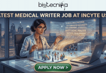 Latest Medical Writer Jobs for Life Science Graduates at Incyte USA Latest Medical Writer Job for Life Science Graduates at Incyte USA. A promotional job banner with the Biotecnika Global logo at the top center, and a bold headline that reads: "LATEST MEDICAL WRITER JOB AT INCYTE USA". The visual features a diverse female medical writer of South Asian descent, with glasses and a stylish modern lab jacket, sitting at a sophisticated desk in front of a panoramic view of a US city skyline at twilight. She is interacting with multiple futuristic holographic screens that display complex data and key terms like: "CLINICAL DATA SYNTHESIS," "FDA SUBMISSION DOCUMENTS," "SAFETY SIGNAL ANALYSIS," and "PROTOCOL DEVELOPMENT". Data flows downward from her screens, transforming into miniature, detailed 3D models of clinical trials, successful charts, and molecular structures. Her desk has a laptop, a tablet, a crystal data globe, and high-tech input panels. At the bottom center, a prominent rounded button with gold and green accents is placed, containing the bold white text "APPLY NOW >". The illustration style is refined and high-tech, designed to be visually engaging and unique. The US city skyline in the background subtly integrates the US flag into an adjacent building's design. The text terms are clear and distinct.