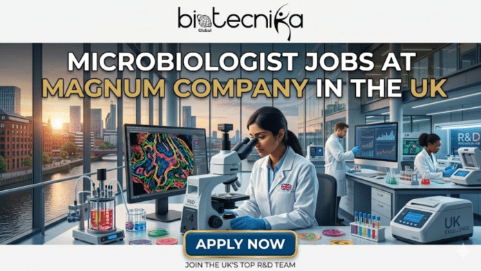 Latest Microbiologist Jobs at Magnum Earn Upto £50,000Year. An illuminated promotional job banner for biotecnika Global, with a main headline of