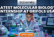 Latest Molecular Biology Internship at Grifols USA | Get a Stipend of $20/hour Gemini said A modern, stylized featured image for a molecular biology job page, sized 1280x720, with a vibrant, glowing futuristic laboratory theme. The Biotecnika Global logo (text, globe with arrows, and leaping person figure) is integrated clearly at the top center on a semi-transparent band. Below the logo, large, bold white sans-serif text centered across three lines reads: "Latest Molecular Biology", "Internship", "at Grifols USA". A focused young woman intern with light brown curly hair and focused glasses, wearing a white lab coat, is at the center bench, intensely using a multi-channel micropipette to dispense colorful liquid into a multi-well plate on a UV light box. The clean, modern lab bench features sophisticated, glowing equipment: to her left, a Real-Time PCR machine (thermal cycler); further left, a vertical gel electrophoresis tank with glowing pre-cast gel showing DNA bands (vibrant green and blue) under UV light; to her right, a sequence sequencing monitor showing sequence read-outs and intricate protein structures. Stylized, glowing, unique DNA double helixes and protein structures float creative-style around the intern and equipment, creative-style, blending the physical and virtual data. Other diverse researchers are blurred in the modern background lab. Colourful microfuge tubes, flasks, beakers, and molecular models are on the bench. The lighting is composed of cool blues, purples, vibrant greens, and golds. Shallow depth of field keeps the intern and key equipment sharp. Grifols USA text is present in the title, not as a logo. At the bottom center, a prominent button with bold white text reads: "APPLY NOW", with a subtle glowing orange border. The entire image has a rich, premium, scroll-stopping quality.