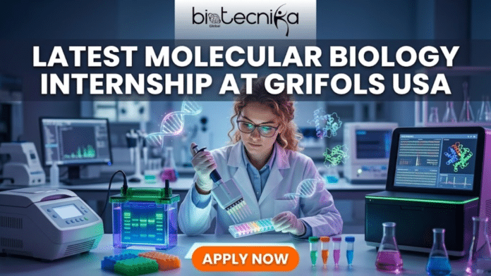 Gemini said A modern, stylized featured image for a molecular biology job page, sized 1280x720, with a vibrant, glowing futuristic laboratory theme. The Biotecnika Global logo (text, globe with arrows, and leaping person figure) is integrated clearly at the top center on a semi-transparent band. Below the logo, large, bold white sans-serif text centered across three lines reads: