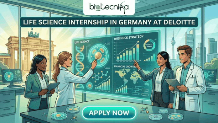 Life Science Internship in Germany at Deloitte Full-time Internship for Life Science Graduates. An illustrative banner for a Life Science Internship in Germany at Deloitte, showing diverse professionals interacting with a large holographic display of biological and business data in a Berlin office with a view of the Brandenburg Gate and skyline. The top has the biotecnika Global logo and title text. In the center, four people point at a translucent screen. The left side, labeled