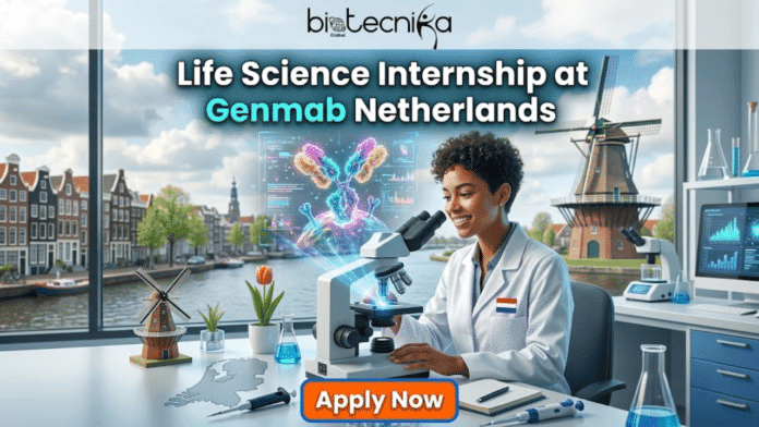 Life Science Internship in Netherlands with Genmab. A recruitment advertisement for a 'Life Science Internship at Genmab Netherlands'. The image features a smiling young female scientist of African descent in a white lab coat (with a Dutch flag pin) in a futuristic lab, looking into a microscope. Next to her, a colorful and complex holographic molecular and cellular analysis structure floats, complete with data screens. The lab desk includes items like a pipette, beakers, a single red tulip, a miniature windmill figurine, and a map silhouette of the Netherlands. Through a large window behind her, a scenic Dutch canal city is visible at sunset, with traditional buildings and multiple large windmills, one prominent on the right. At the top center is the black 'biotecnika Global' logo. Below it, large, stylized text reads 'Life Science Internship at Genmab Netherlands'. At the bottom center, an orange text box button reads 'Apply Now'. The overall scene is inspirational and futuristic, combining modern science with traditional Dutch charm.