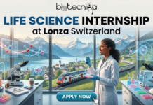 Life Science Internship at Lonza in Switzerland | Apply Before It’s Gone Life Science Internship in Switzerland Apply Before It's Gone. A vibrant and detailed promotional featured image from biotecnika Global, for a "LIFE SCIENCE INTERNSHIP at Lonza Switzerland." The image features a blue and orange logo of a globe and a dancing figure, alongside text: "biotecnika Global," followed by the bold title, "LIFE SCIENCE INTERNSHIP" in large text, and below it, "at Lonza Switzerland." The central figure is a smiling woman of color in a white lab coat using a pipette over a multi-well plate. She is in a high-tech lab with various detailed scientific equipment, including bioreactors with multi-well stacks on the left, multiple microscopes, microplates, and vials on the right. Through a large, clear window behind her, a breathtaking panorama of the snow-capped Swiss Alps, a pristine lake, a village with a church steeple, and a modern red and white SBB train on tracks. Floating holographic scientific visualizations are visible, including a cellular structure on the left and a network map on the right. At the bottom center, a prominent teal "APPLY NOW" button with rounded corners has a hand icon clicking it.