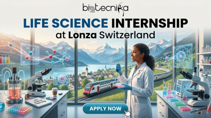 Life Science Internship in Switzerland Apply Before It's Gone. A vibrant and detailed promotional featured image from biotecnika Global, for a