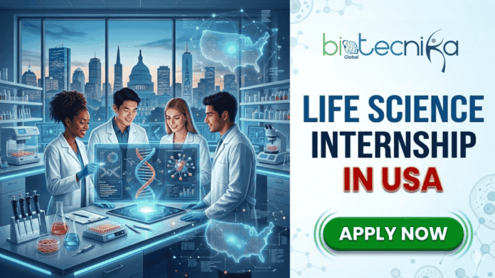 Life Science Internship in USA QA Intern at Cook Medical. A split-panel marketing graphic. The left side features a group of four diverse young scientists in a modern laboratory, collaborating around an interactive holographic display that visualizes DNA structures, molecular data, and a map of the United States. Through a large window in the background, a prominent American city skyline including the US Capitol is visible at dusk. The right side contains the text and branding: