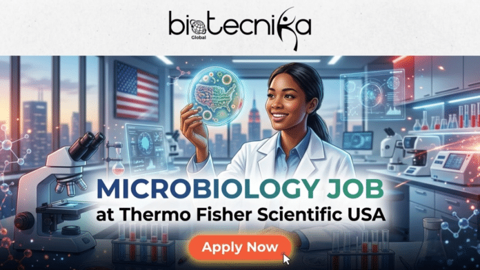 Microbiology Job at Thermo Fisher Scientific USA Freshers Job. It combines a professional lab setting with thematic elements like the US-shaped petri dish to ensure it captures attention, and I've integrated the Biotecnika Global logo and the