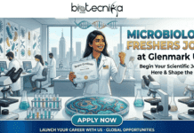 Microbiology Job in USA | Freshers Wanted at Glenmark | You Can’t Miss! Microbiology Job in USA | Freshers Wanted at Glenmark. An illustrative banner titled "biotecnika Global" at the top, advertising "MICROBIOLOGY FRESHERS JOBS at Glenmark USA" in prominent teal and gold text on the right. Subtext reads, "Begin Your Scientific Journey Here & Shape the Future". The central figure is a smiling South Asian female scientist in a white lab coat with a US flag patch, holding up a degree certificate and celebrating with a fist pump. She stands behind a large, ornate Petri dish filled with complex blue and gold artistic microbial growth patterns. The setting is a detailed modern microbiology lab, with multiple large microscopes, beakers, test tubes, and diverse lab equipment. Through a massive window, a stunning view of the New York City skyline with the Empire State Building is visible at dusk. Other diverse scientists are working at computers and microscopes in the background. On the left wall, a "BACTERIAL STRAIN LIBRARY" display shows multiple screens with colored microscopic images of microbes. At the bottom, a prominent, polished blue "APPLY NOW" button is centered, with a blue footer bar below it containing the text, "LAUNCH YOUR CAREER WITH US - GLOBAL OPPORTUNITIES". The entire composition is vibrant, detailed, and illustrative.