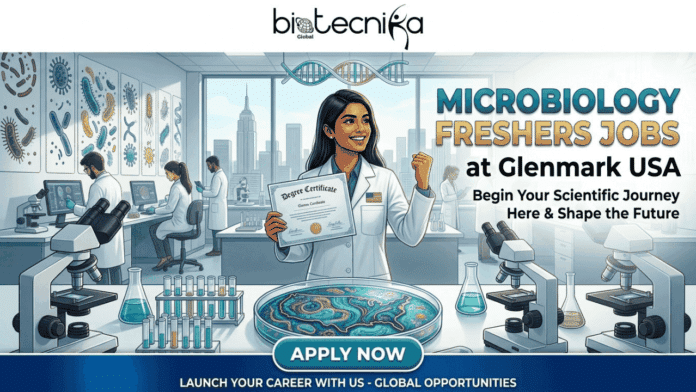 Microbiology Job in USA | Freshers Wanted at Glenmark. An illustrative banner titled