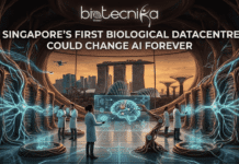 Singapore’s First Biological Data Centre Could Change AI Forever Singapore’s First Biological Data Centre Could Change AI Forever. An illustrative, futuristic image of a data center integrated within massive, ancient tree structures, fusing biology and technology. Glowing blue data streams flow through the roots. The Singapore skyline, including Marina Bay Sands and Supertrees, is visible outside a large glass archway. People in lab coats work at holographic stations, including one with a robotic arm interacting with a glowing brain projection. Large white text at the top center reads: "SINGAPORE’S FIRST BIOLOGICAL DATACENTRE COULD CHANGE AI FOREVER," with the "biotecnika Global" logo above it.