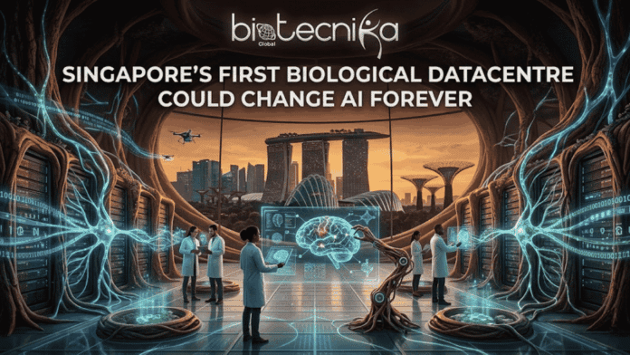 Singapore’s First Biological Data Centre Could Change AI Forever. An illustrative, futuristic image of a data center integrated within massive, ancient tree structures, fusing biology and technology. Glowing blue data streams flow through the roots. The Singapore skyline, including Marina Bay Sands and Supertrees, is visible outside a large glass archway. People in lab coats work at holographic stations, including one with a robotic arm interacting with a glowing brain projection. Large white text at the top center reads: