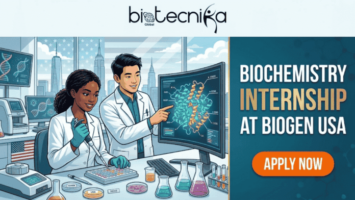 Paid Biochemistry Internship at Biogen USA Apply Now. An illustrated split-screen banner with a top logo centered that reads