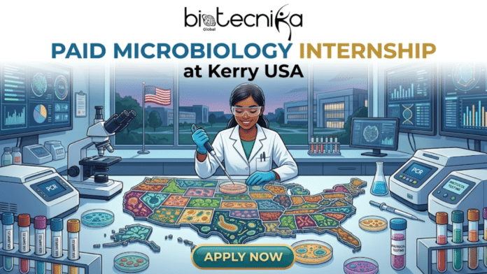 Paid Microbiology Internship at Kerry USA Quality Intern Role. An illustrative infographic poster promoting a paid microbiology internship at Kerry USA, with the Biotecnika Global logo at the top. Below the logo, the prominent text reads: