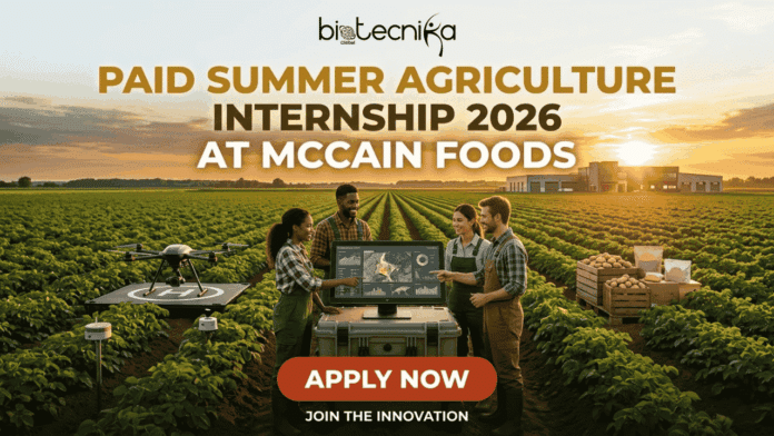 Paid Summer Agriculture Internship 2026 at McCain Foods. A promotional banner for biotecnika Global promoting a 'Paid Summer Agriculture Internship 2026 at McCain Foods'. The central image is a diverse group of four enthusiastic young adults (an African American man and woman, and two Caucasian individuals) standing in a lush green row crop field at a warm sunset. They are clustered around a large interactive touchscreen monitor displaying complex agricultural data visualizations and maps. To their left, a professional drone is on a landing pad, and other small field sensors are visible. To their right are crates of unbranded raw potatoes and generic packaging materials. In the background, a large modern agricultural building is silhouetted against the golden sunset sky. Large gold and white text at the top center reads: 'PAID SUMMER AGRICULTURE INTERNSHIP 2026 AT MCCAIN FOODS'. A large prominent 'APPLY NOW' button in a contrasting color is at the bottom center. Below the main group, text says 'JOIN THE INNOVATION'. The biotecnika Global logo is prominent at the top of the image. The entire scene blends modern technology with agriculture.