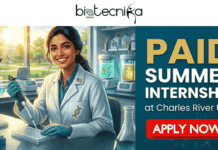 Paid Summer Internship in USA | Explore Biosciences R&D Intern at Charles River Paid Summer Internship in USA Biosciences R&D Intern at Charles River. A featured image designed for a job page, split between an illustration on the left and a text panel on the right. At the top center, the 'biotecnika Global' logo with its stylized human and globe icon is present. The left section (approx. 65% width) shows a smiling young South Asian female intern in a white lab coat and gloves, seated at a modern lab bench and actively using a pipette into a well plate. Various lab equipment like microscopes, test tubes, and a centrifuge are around her. Through a large window behind her, a sun-drenched campus environment is visible, conveying a 'summer' feel. The right section (approx. 35% width) is a text panel on a dark teal-blue background with a molecular structure pattern. Stacked large, bold text reads: PAID, SUMMER INTERNSHIP, at Charles River USA. Overlaid across both sections at the bottom is a prominent, rounded orange 'apply now' button with bold white text. The image composition is balanced, attractive, and scroll-stopping, effectively conveying the message of an intern opportunity. No other company logos are present.