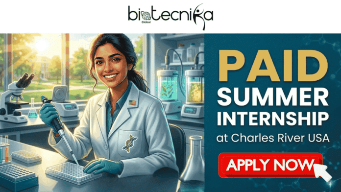 Paid Summer Internship in USA Biosciences R&D Intern at Charles River. A featured image designed for a job page, split between an illustration on the left and a text panel on the right. At the top center, the 'biotecnika Global' logo with its stylized human and globe icon is present. The left section (approx. 65% width) shows a smiling young South Asian female intern in a white lab coat and gloves, seated at a modern lab bench and actively using a pipette into a well plate. Various lab equipment like microscopes, test tubes, and a centrifuge are around her. Through a large window behind her, a sun-drenched campus environment is visible, conveying a 'summer' feel. The right section (approx. 35% width) is a text panel on a dark teal-blue background with a molecular structure pattern. Stacked large, bold text reads: PAID, SUMMER INTERNSHIP, at Charles River USA. Overlaid across both sections at the bottom is a prominent, rounded orange 'apply now' button with bold white text. The image composition is balanced, attractive, and scroll-stopping, effectively conveying the message of an intern opportunity. No other company logos are present.