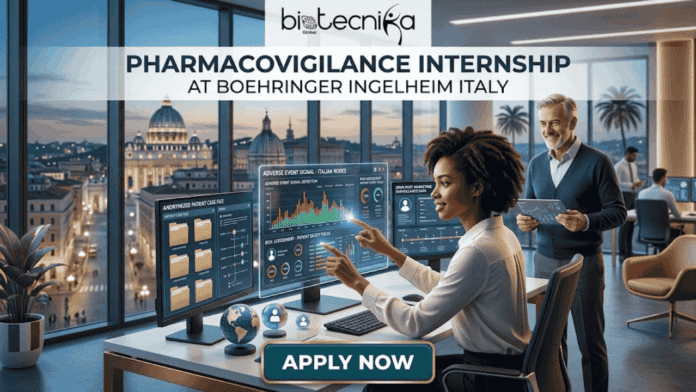 Pharmacovigilance Paid Internship at Boehringer Ingelheim Italy. A featured image for a job page, depicting a high-tech and aspirational scene. Set in a modern office with futuristic transparent data screens and a globe on the desk, a smiling young woman is actively interacting with charts and anonymized patient case files. Behind her, a smiling older male mentor observes her work, holding a tablet. The large background window offers a panoramic view of Rome at dusk, prominently featuring St. Peter's Basilica. The image includes the Biotecnika Global logo, the main text