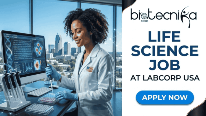 Recent Life Science Job in USA Lab Assistant Role at Labcorp. A horizontally split marketing graphic. The left half is a photo of a smiling Black female scientist in a lab coat with a US flag pin, using a pipette in a modern high-tech lab with a computer showing genetic data and a city skyline through a large window. Data network points are subtly overlaid. The right half is a clean panel with network line patterns, featuring the biotecnika Global logo at the top. Below the logo, bold text states 'LIFE SCIENCE JOB' and 'AT LABCORP USA'. At the bottom is a prominent blue 'APPLY NOW' button.