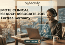Remote Clinical Research Associate Job in Germany | Apply Now at Fortrea Remote Clinical Research Associate Job at Fortrea Germany. An illustrative promotional banner for biotecnika Global. A smiling woman wearing a headset is working at a wooden desk with a laptop. Multiple floating, semi-transparent, glowing, augmented-reality-style data screens are arranged in the air around her laptop, displaying various scientific data visualizations: graphs labeled "PATIENT ENROLLMENT," charts with data points, a Germany map with glowing data points, transparent DNA double helices, flowcharts of study protocols, and various diagrams. Through a large, open window in the background is a sun-drenched panoramic view of a traditional Italian hillside town with terracotta-roofed buildings, a prominent church steeple, and rolling hills under a warm, golden sky. The headline at the very top reads: "REMOTE CLINICAL RESEARCH JOBS AT TRIO Italy," and a very large central text block declares: "REMOTE CLINICAL RESEARCH ASSOCIATE JOB at TRIO Italy" (with "TRIO Italy" highlighted in blue). On the desk are scientific books, a potted olive branch in a glass jar, a coffee mug ("CRA Life"), and a traditional Moka pot. A large blue button at the bottom center has the text "APPLY NOW" in bold white. A "biotecnika Global" logo is at the top. The overall style is a realistic painting blended with futuristic digital interfaces.