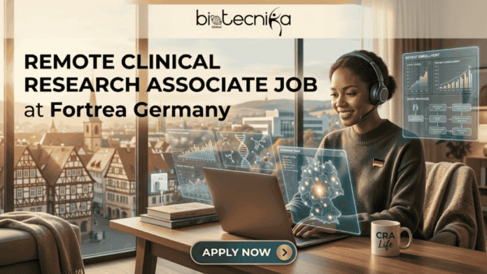 Remote Clinical Research Associate Job at Fortrea Germany. An illustrative promotional banner for biotecnika Global. A smiling woman wearing a headset is working at a wooden desk with a laptop. Multiple floating, semi-transparent, glowing, augmented-reality-style data screens are arranged in the air around her laptop, displaying various scientific data visualizations: graphs labeled