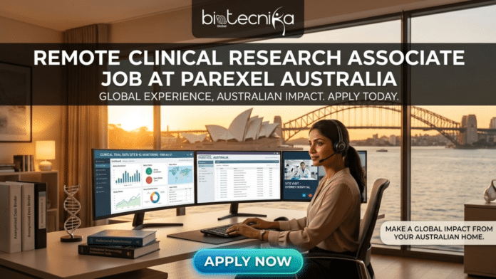 Remote Clinical Research Associate Job at Parexel Australia. A promotional graphic for a Remote Clinical Research Associate job at Parexel Australia. It features a woman with a headset working at a desk with two monitors. Large text across the top reads: 'REMOTE CLINICAL RESEARCH ASSOCIATE JOB AT PAREXEL AUSTRALIA' and a subtitle reads 'GLOBAL EXPERIENCE, AUSTRALIAN IMPACT. APPLY TODAY.' Her desk screens show clinical data dashboards. The background window reveals a view of the Sydney Opera House and Harbour Bridge. A blue button at the bottom center says 'APPLY NOW.' The biotechnika logo is at the top.