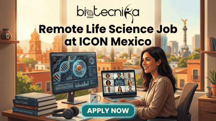 Remote Life Science Job in Mexico ICON plc Hiring Now. A promotional image with the Biotecnika Global logo at the top, featuring the bold headline 'Remote Life Science Job at ICON Mexico'. A woman is shown smiling at her desk with a laptop displaying a remote video conference and a monitor showing advanced scientific visualizations like DNA and cells. The background features a large window overlooking a detailed cityscape of Mexico, including the Angel of Independence. At the bottom, a teal 'APPLY NOW' button is prominent.