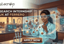 Research Internship in UK at Ferrero | R&D Student Internship for Life Science Graduates Research Internship in UK at Ferrero R&D Student Internship for Life Science Graduates. A stylized, modern digital illustration for a Ferrero research internship in the UK, featuring a smiling female scientist in a lab coat and safety glasses. She is interacting with a glowing holographic molecular structure composed of hazelnuts and chocolate swirls, with futuristic lab equipment and robotic arms around her. Through a large window, the London skyline, including Big Ben, the Gherkin, and the London Eye, is visible at dusk. The "biotecnika Global" logo is in the top left, the text "RESEARCH INTERNSHIP IN UK AT FERRERO" is below it, and a large "APPLY NOW" button is at the bottom center.