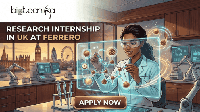 Research Internship in UK at Ferrero R&D Student Internship for Life Science Graduates. A stylized, modern digital illustration for a Ferrero research internship in the UK, featuring a smiling female scientist in a lab coat and safety glasses. She is interacting with a glowing holographic molecular structure composed of hazelnuts and chocolate swirls, with futuristic lab equipment and robotic arms around her. Through a large window, the London skyline, including Big Ben, the Gherkin, and the London Eye, is visible at dusk. The