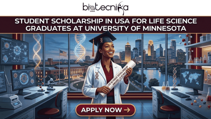Student Scholarship in USA for Life Science Graduates Apply Before Deadline. An illustrative image from biotecnika Global titled