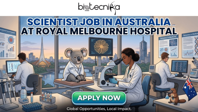Urgent Hiring Scientist Job in Australia – Secure Your Medical Scientist Role at Royal Melbourne Hospital! A detailed digital illustration for a job page featured image, size 1280 * 720. It features a modern medical research laboratory at the Royal Melbourne Hospital, with the main title