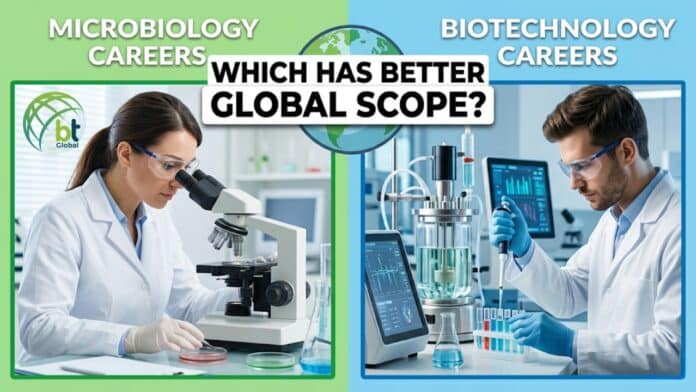 Compare microbiology vs biotechnology careers, global scope, salary, and job roles to choose the best life sciences career path for your future.