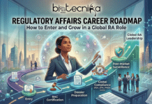 Regulatory Affairs Career Roadmap: How to Enter and Grow in a Global RA Role Regulatory Affairs Career Roadmap How to Enter and Grow in a Global RA Role. An informational infographic illustration titled "REGULATORY AFFAIRS CAREER ROADMAP: How to Enter and Grow in a Global RA Role", with the Biotecnika Global logo at the top. A central professional woman in a suit points toward a large digital globe. A winding, glowing roadmap path outlines various career milestones from left to right: "Entry" with a certificate icon. "RAC Certification" with a gavel icon. "Dossier Preparation" with a document icon. "Global Compliance" with a compass and international flags, including FDA, EMA, and PMDA notations. "Post-Market Surveillance" with a shield icon. The path culminates in an upward arrow pointing towards "Global RA Leadership". The background features two city skylines, one day and one night, symbolizing a global scope. Small groups of diverse professionals are seen in conversation, and various documents (including one labeled "LEGAL") are displayed on platforms. Stylized molecular models are integrated into the design. The overall aesthetic is clean and modern digital illustration with bright, futuristic glowing elements.