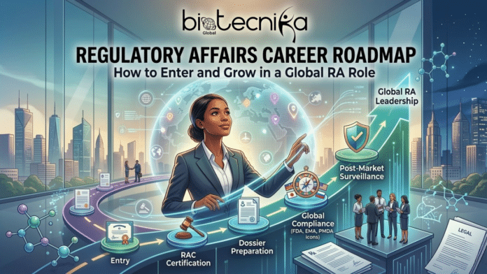 Regulatory Affairs Career Roadmap How to Enter and Grow in a Global RA Role. An informational infographic illustration titled