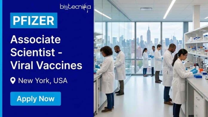 Scientist job at Pfizer for an Associate Scientist – Viral Vaccines in New York. Explore Pfizer careers, life sciences job opportunities, qualifications, responsibilities, and application details.