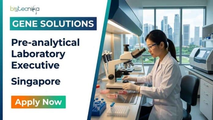 Life sciences job opportunity at Gene Solutions Singapore for a Pre-analytical Laboratory Executive. Explore responsibilities, qualifications, salary, and career growth opportunities.