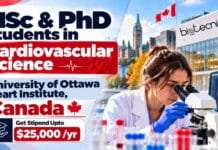 MSc & PhD Students in Cardiovascular Science at University of Ottawa Heart Institute, Canada | Apply Online & Get Stipend Upto $25,000 /yr Apply for MSc PhD in Cardiovascular Science at the University of Ottawa Heart Institute. Students can receive up to $25,000 yearly.